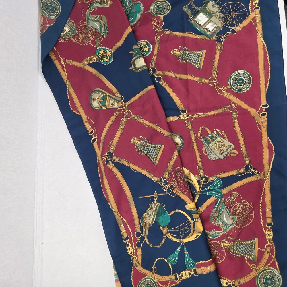 Liz Sinclair Italy Microfiber Equestrian Carriage Scarf Burgundy Navy Gold 31x31 - Picture 1 of 5